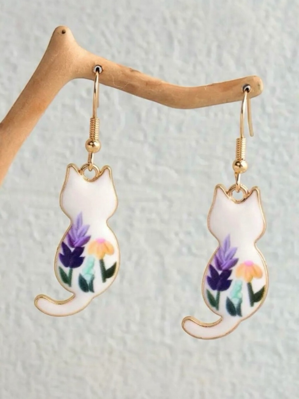 Cat Earrings Dangle Gold Tone Enamel Floral Kitty Cute Animal Drop Jewelry